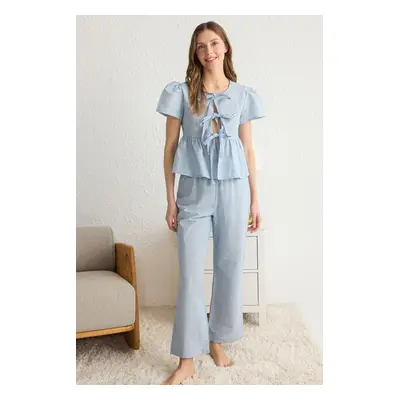 Trendyol Blue 100% Cotton Tie Detail Woven Pajama Set