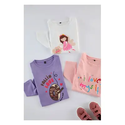 Trendyol Ecru-Lilac-Powder 3-Pack Girls Printed Cotton Knitted T-Shirt