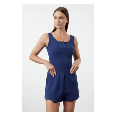 Trendyol Indigo Button Detail Knitted Pajama Set with Ribbed Shorts