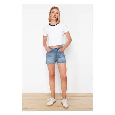 Trendyol Blue Waist Detailed High Waist Denim Shorts