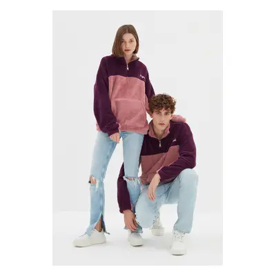 Trendyol Fialová Unisex Oversize / Wide-Fit High Neck Barevné bloky Teplá plyšová mikina s minim