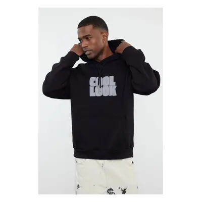 Trendyol Black Oversize/Wide Cut Hooded Fleece/Warm Embroidered Sweatshirt