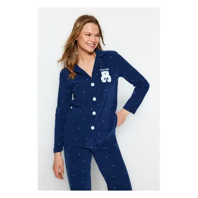 Trendyol Navy Blue Polka Dot Animal Printed Polar Fleece Winter Knitted Pajama Set