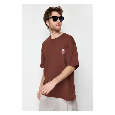 Trendyol Brown Oversize Labeled Text Printed 100% Cotton T-Shirt