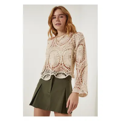 Happiness İstanbul Women's Cream Lace Knit Seasonal Knitwear Blouse