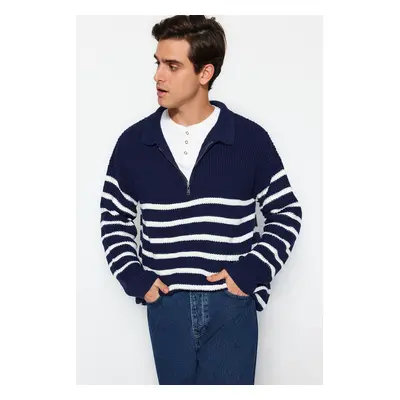 Trendyol Navy Blue Casual Oversize Fit Wide Pattern Polo Collar Striped Knitwear Sweater