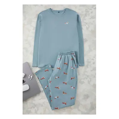 Trendyol Blue 100% Cotton Regular Fit Animal Patterned Knitted Pajama Set