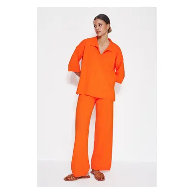 Trendyol Orange Basic Corded Knitwear Top and Bottom Set