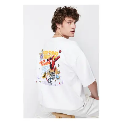 Trendyol White Oversize/Wide Cut Space Printed 100% Cotton T-Shirt