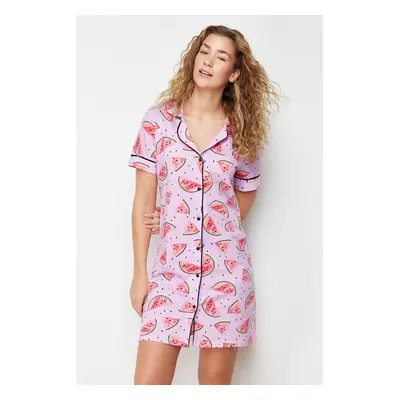 Trendyol Pink 100% Cotton Watermelon Patterned Piping Knitted Nightgown