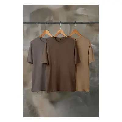 Trendyol Brown-Beige-Gray Oversize/Wide Cut Pack 100% T-Shirt