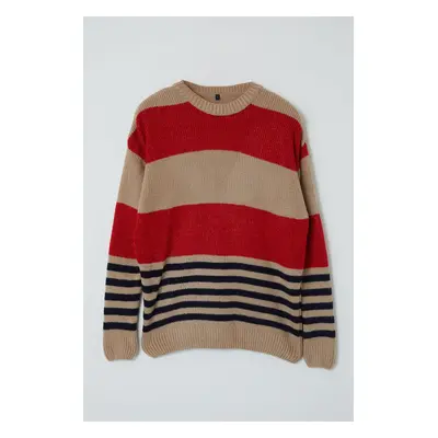 Trendyol Red Oversize Crew Neck Striped Knitwear Sweater