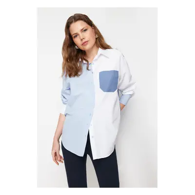 Trendyol Blue Color Block Oversize Wide Fit Woven Shirt