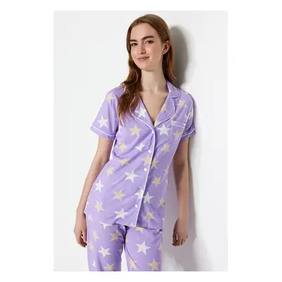 Trendyol Lilac Star Patterned Piping Sleep Band Knitted Pajama Set