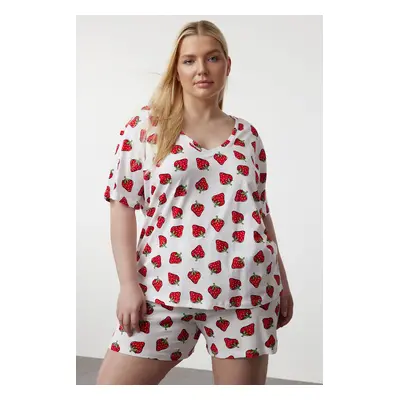 Trendyol Curve White Strawberry Patterned V Neck Knitted Pajama Set