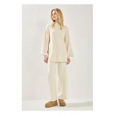 Trendyol Stone Stand Collar Tunic Trousers Knitwear Top-Bottom Set