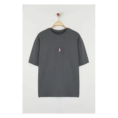 Trendyol Anthracite Oversize/Wide Cut Penguin Embroidered 100% Cotton T-Shirt