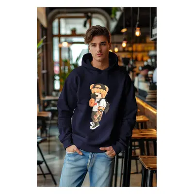 Trendyol Navy Blue Unisex Oversize Teddy Bear Printed Polar Fleece/Warm Hooded Sweatshirt