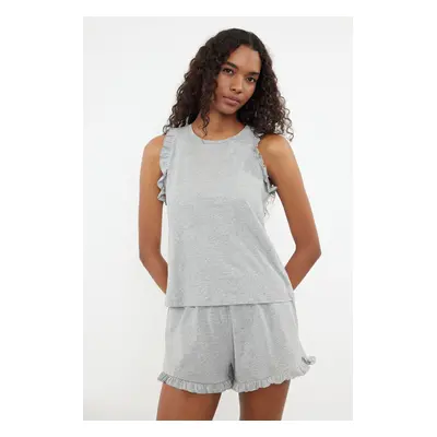 Trendyol Gray Melange 100% Cotton Frilled Shorts Knitted Pajama Set