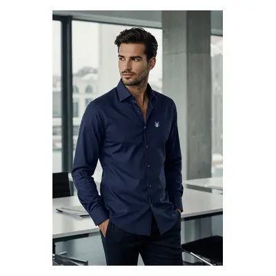 Trendyol Navy Blue Slim Fit Embroidered Easy Ironable Smart Shirt