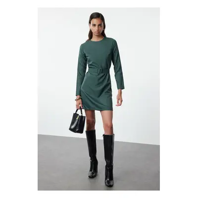 Trendyol Green Shift/Straight Cut Belted Mini Woven Dress