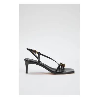 Trendyol Black Patent Leather Gold Buckle Open Back Women's Heeled Sandals