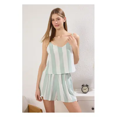 Trendyol Mint-Ecru Striped Rope Suspender Viscose Shorts Woven Pajama Set