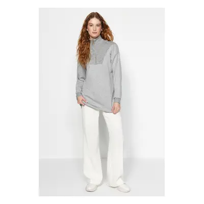 Trendyol Gray Melange Zippered Collar Detailed Knitted Sweatshirt