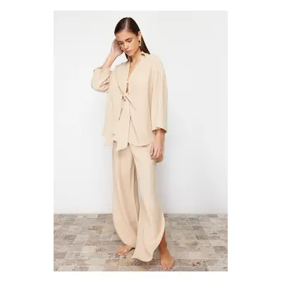 Trendyol Beige Woven Tied Linen Blend Shirt Trousers Beach Suit