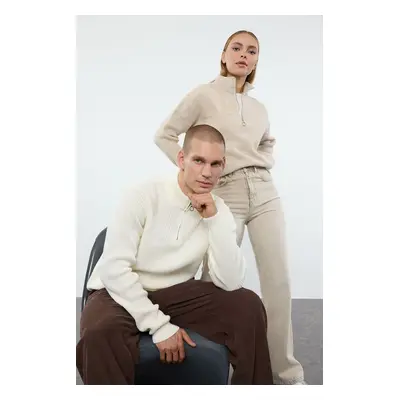 Trendyol Ecru Casual Regular Couple/Double Half Turtleneck Plain Knitwear Sweater