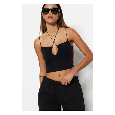 Trendyol Black Halter Spaghetti Strappy Cotton Stretchy Crop Knitted Undershirt