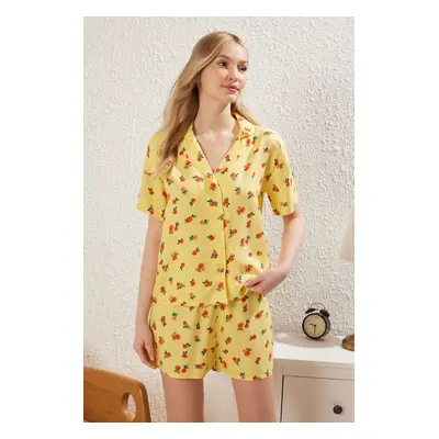 Trendyol Yellow Floral Slit Viscose Shorts Woven Pajama Set