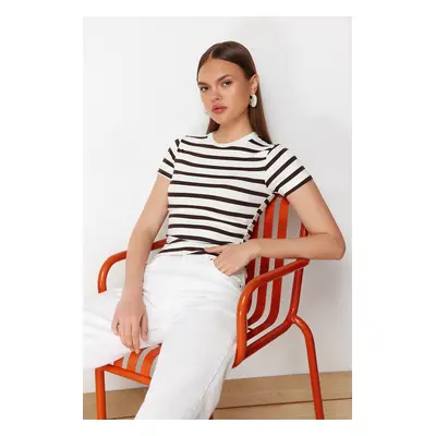 Trendyol Brown Striped Viscose/Soft Fabric Fitted Knitted Blouse