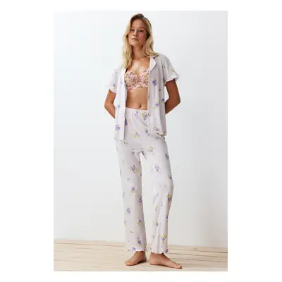 Trendyol Ecru-Multicolored 100% Cotton Floral Ruffle Detailed Knitted Pajama Set