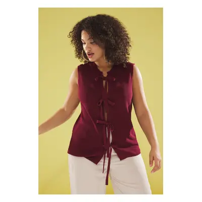 Trendyol Curve Burgundy Ribbon/Bow Detail Cotton Blend Knit Blouse