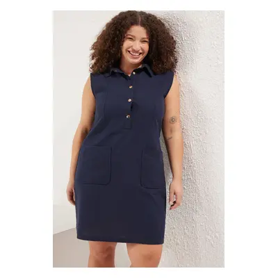 Trendyol Curve Navy Blue 100% Cotton Linen Look Buttoned Shirt Collar Woven Plus Size Dress