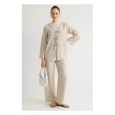 Trendyol Beige Linen Look with Tie Detail Weaving Upper-Lower Team