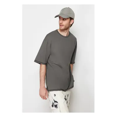 Trendyol Anthracite Oversize Stitching Detailed 100% Cotton T-Shirt