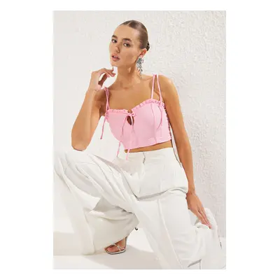 Trendyol Pink Tie Detail Ruffled Crop Woven Bustier