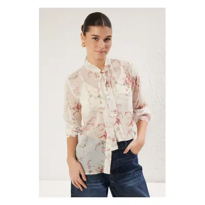 Trendyol Ecru Binding Detail Floral Patterned Chiffon Fabric Woven Shirt