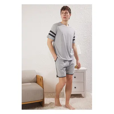 Trendyol Gray Regular Fit Sleeve Striped Knitted Shorts Pajama Set