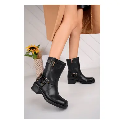 Trendyol Black Antique Buckle Detailed Motorcycle Low Heel Women's Biker Boots