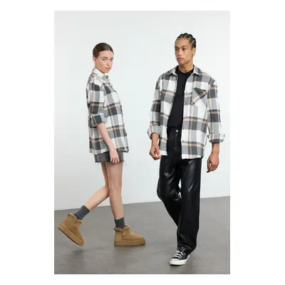 Trendyol Beige Unisex Regular Fit Winter Plaid Checked Lumberjack Jacket Shirt