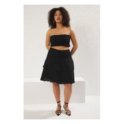 Trendyol Curve Black Gipel/Flexible Waistline Ruffled Plus Size Skirt