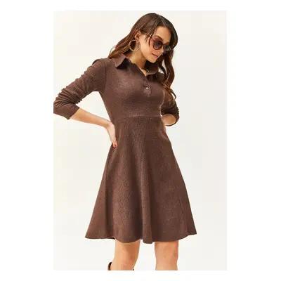 Olalook Women's Bitter Brown Polo Collar Buttoned Mini Flared Dress