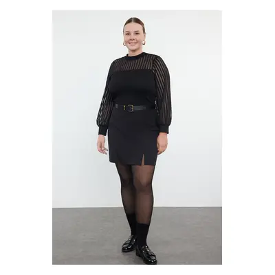 Trendyol Curve Black Stand Collar Laced Body-Smoothing Knitted Plus Size Blouse