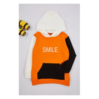 Trendyol Orange Boy's Hooded Color Block Cotton Knit Sweatshirt