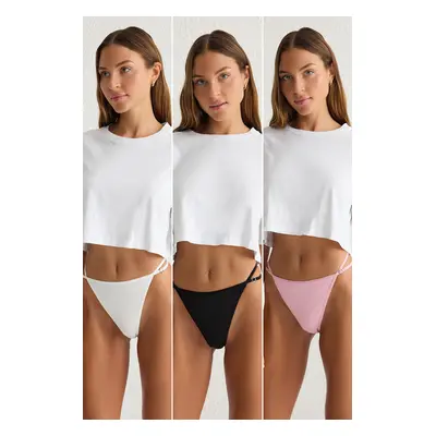 Trendyol Black-Pink-White 3-Pack Heart Accessory Detail Thong Knitted Panties