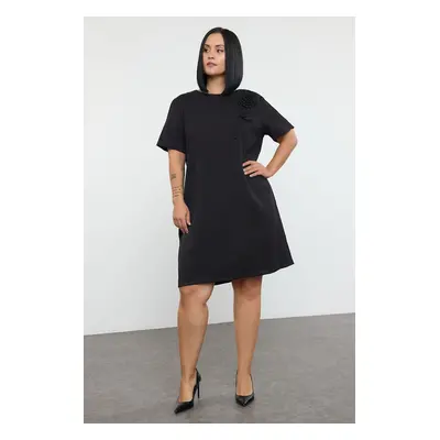 Trendyol Curve Black Rose/Flower Accessory Short Sleeve Woven Mini Plus Size Dress