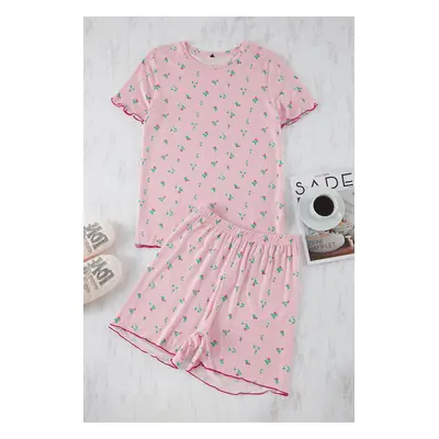 Trendyol Curve Pink Floral Patterned Knitted Pajama Set